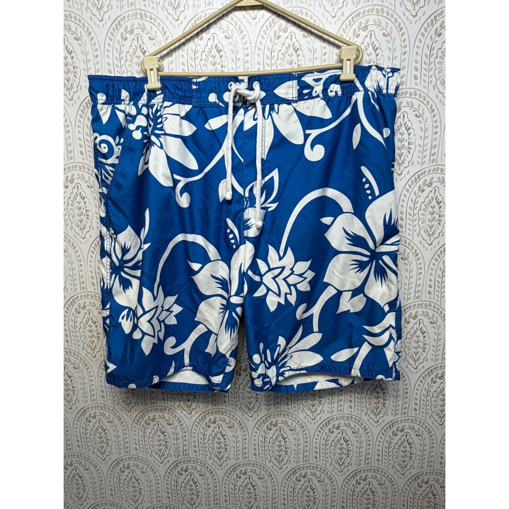 Old Navy Mens XXL Blue White Hibiscus Floral Swim‎ Trunks Board Shorts